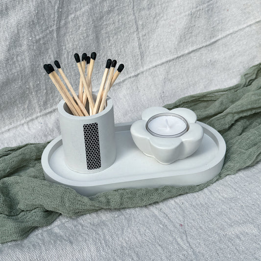 Gift Bundle Set - Concrete Oval Tray, Round Match Jar, & Flower Tea Light Candle Holder